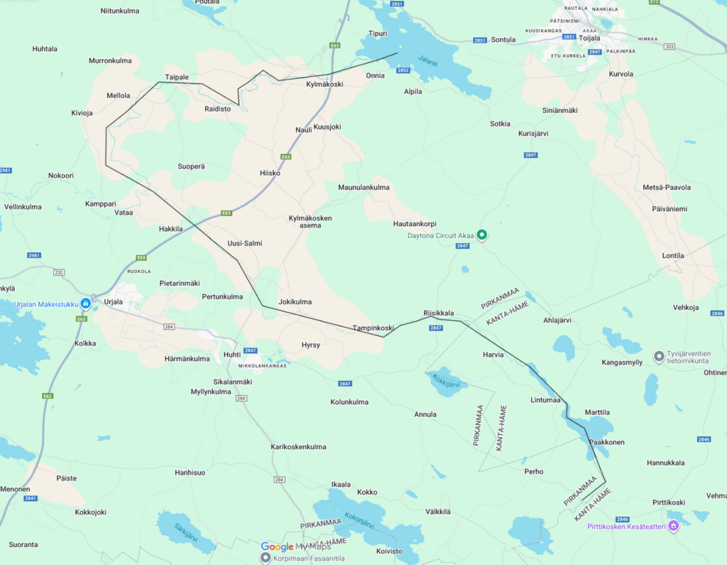 Kartta Tarpianjoki - jalantijärvi melontareitistä