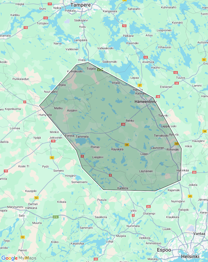Karttakuva Hämeen järviylängön alueesta Kanta-Hämeen maakunnassa sekä Uudenmaan ja Varsinais-Suomen maakuntien rajaseudulla Hyvinkään, Hämeenlinnan, Akaan (Toijala) Urjalan, Humppilan, Forssan ja Karkkilan väliin jäävällä alueella